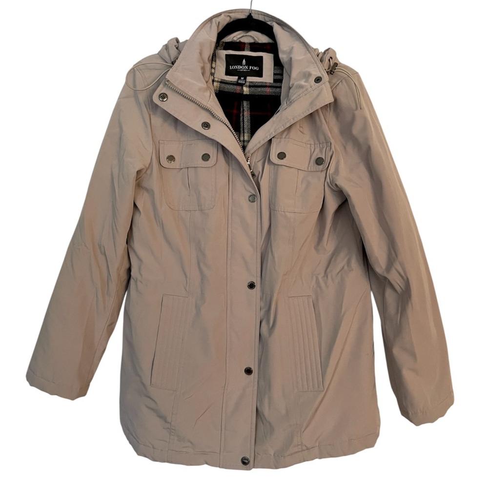 London Fog Womens Parka Coat with Hood Plaid Lined Size Medium Tan Beige Vintage